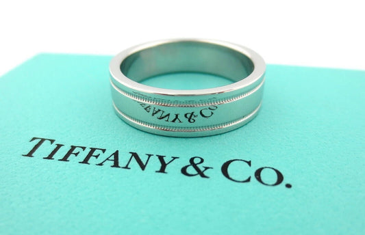 Tiffany & Co Platinum Double Milgrain Flat Wedding Band Ring 6mm Size 6.5 US