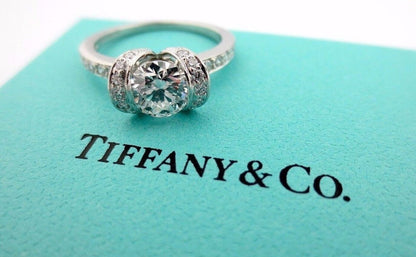 Tiffany & Co Platinum Round Diamond Ribbon Halo Engagement Ring D VS1 1.08Ct